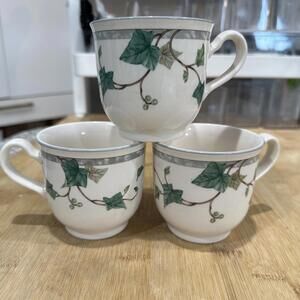 VTG Set of 3 Noritake Keltcraft Ivy Lane Green Leaves Gray Band Off-White Cup *